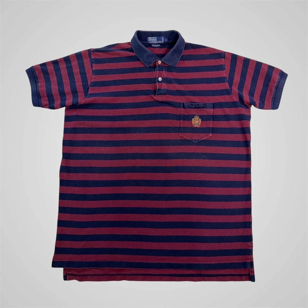 Polo Ralph Lauren The Big‎ Shirt Mens Large Striped Crest Pocket Polo Burgundy